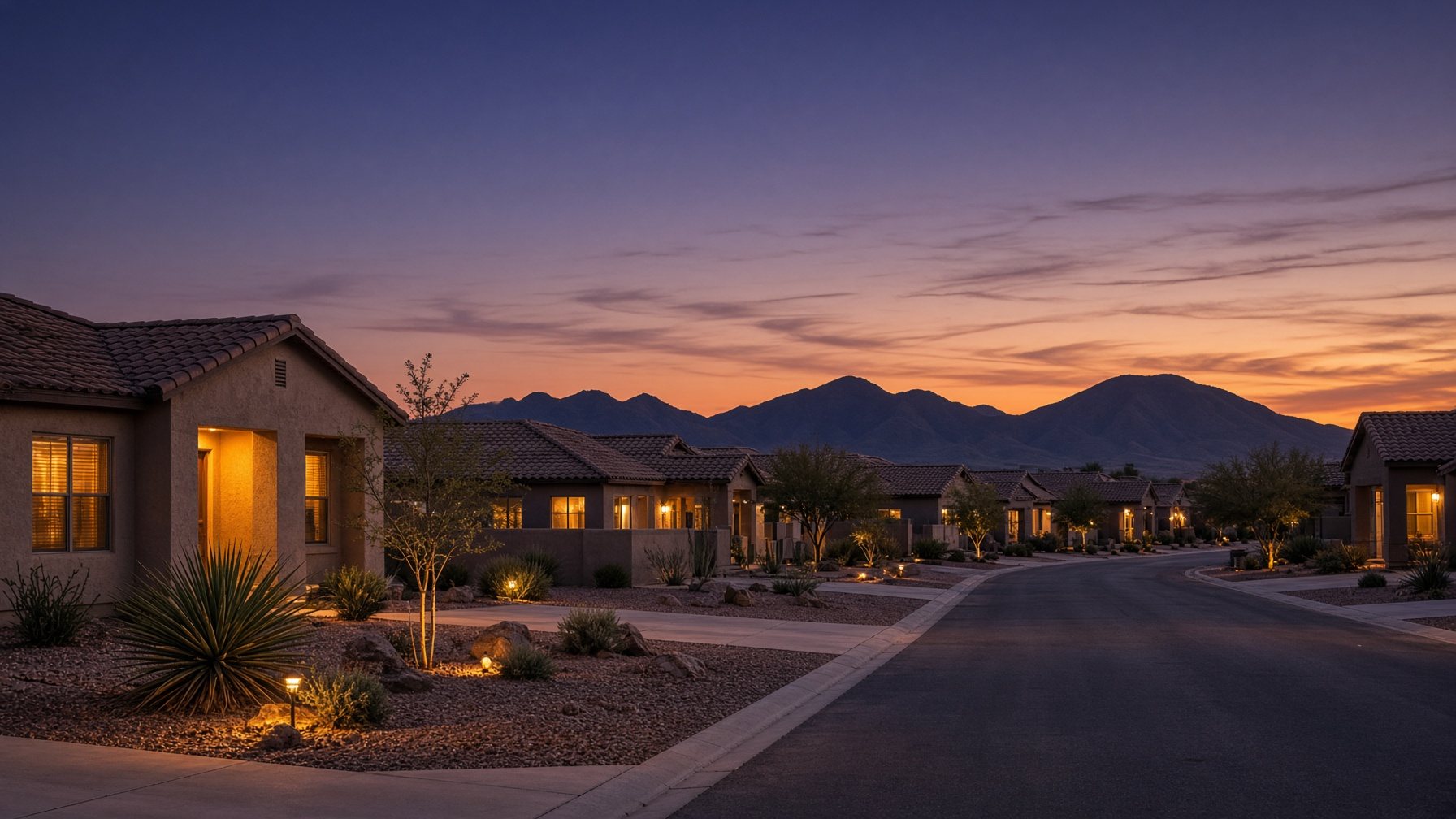Queen Creek homes at dusk with warm windows and a desert sky
