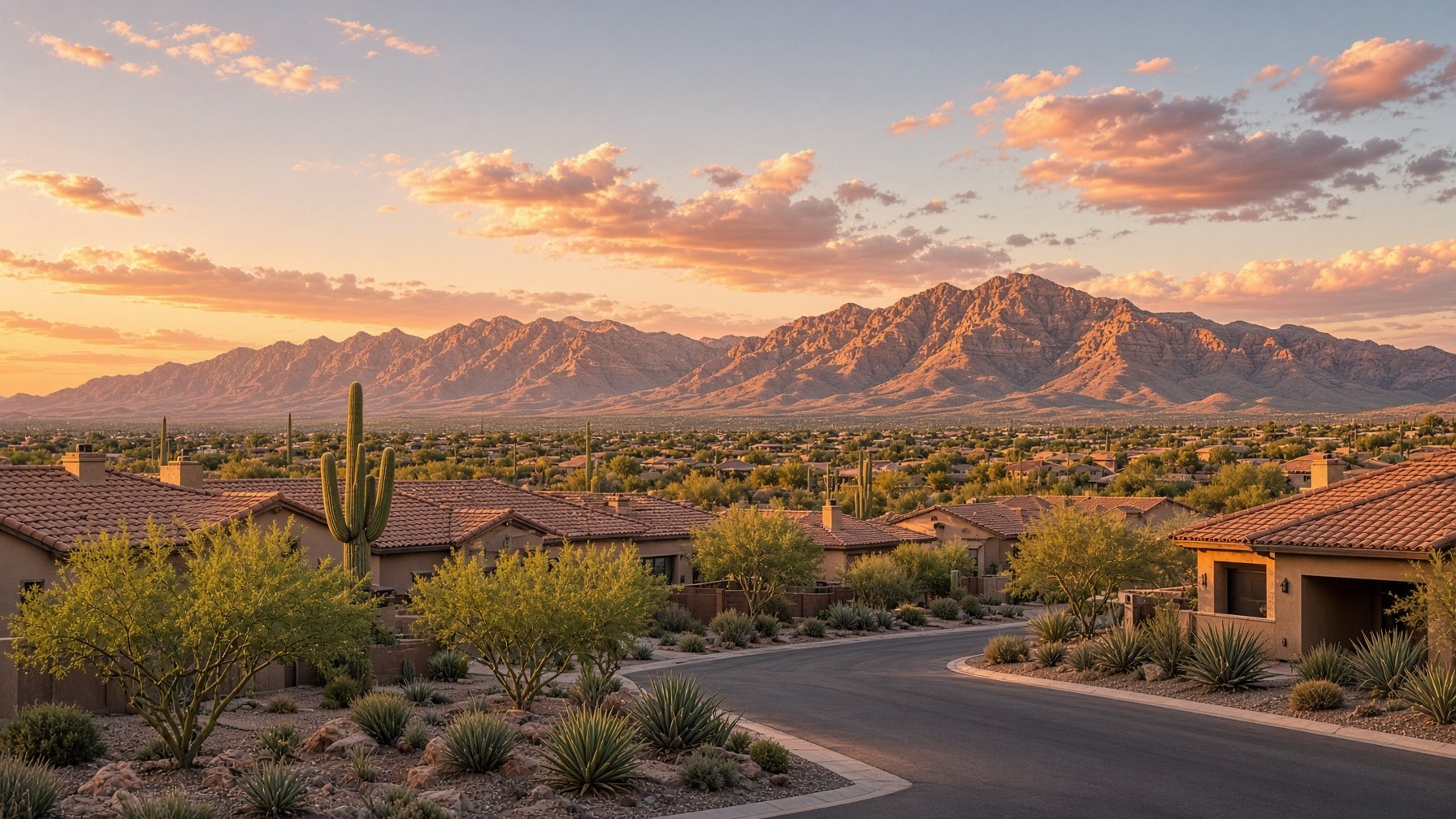 Golden hour over a Queen Creek neighborhood with the San Tan Mountains beyond