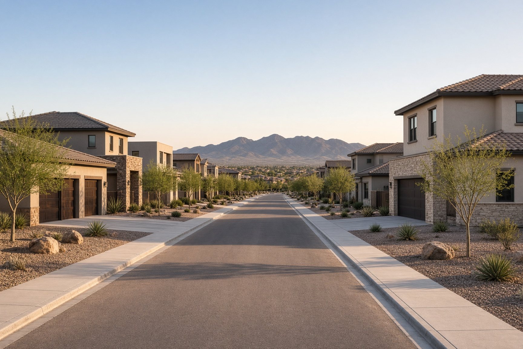 New Queen Creek homes along a quiet street with desert landscaping