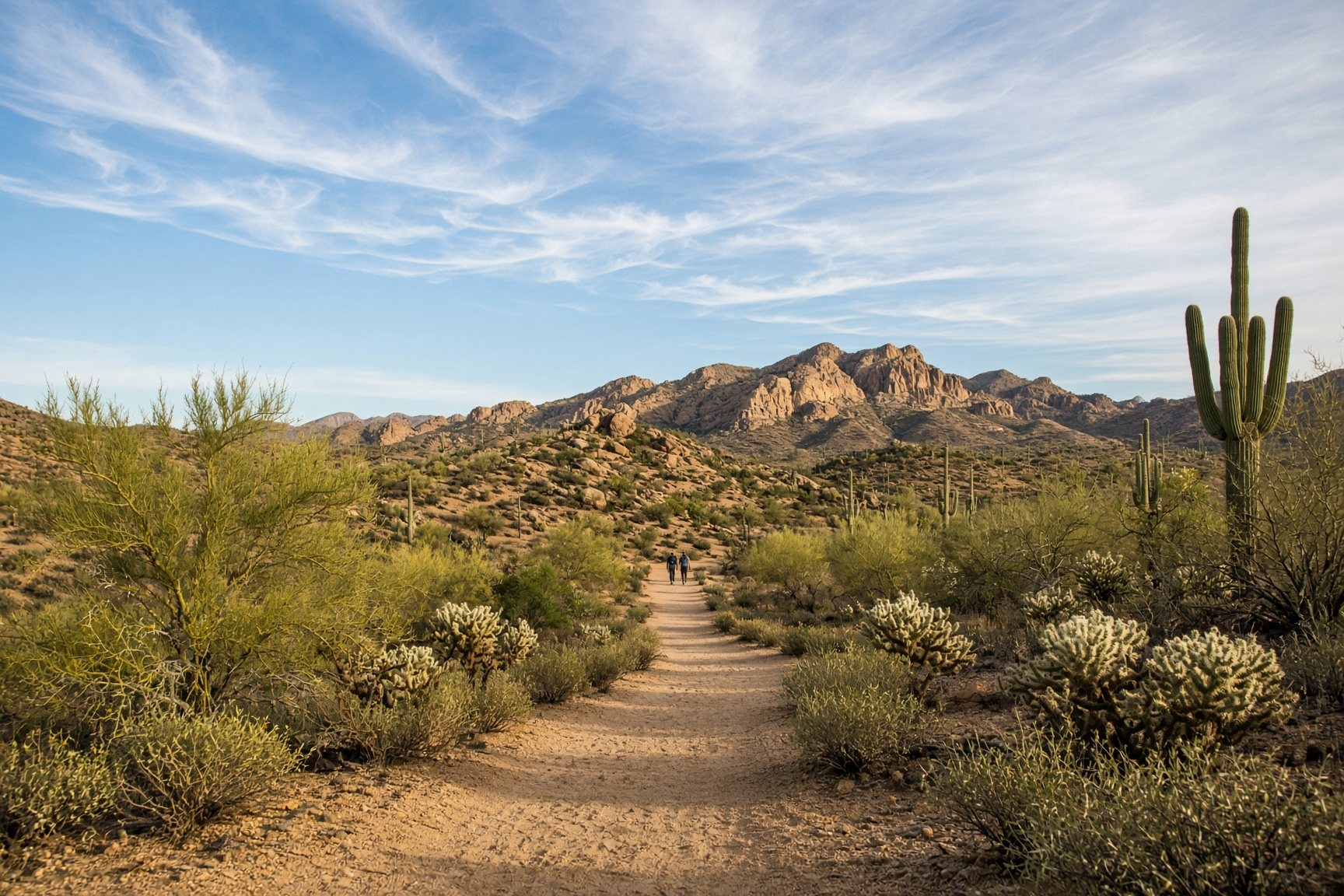 Hiking trail through saguaros toward the San Tan Mountains